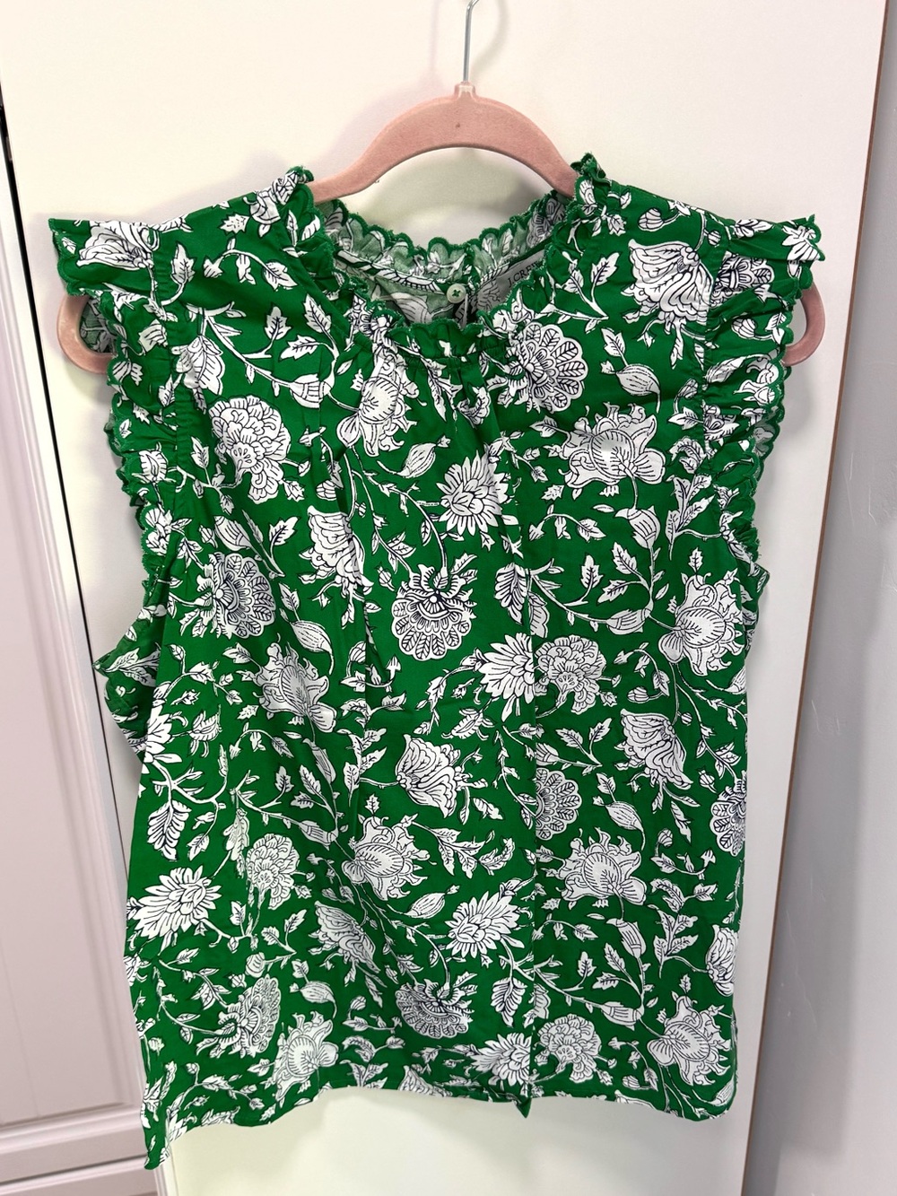 J CREW Green Floral Ruffle-Sleeve Shell